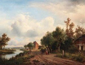 Peasants Conversing On A Sandy Trail Along A Waterway, A Town Inthe Distance