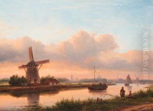 A Panoramic Summer Landscape With Barges On The Trekvliet, Thehague In The Distance