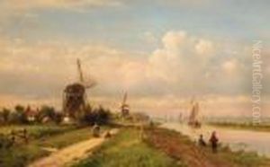 A Panoramic Summer Landscape With Fishermen Along A Canal A Panoramic Summer Landscape With Fishermen Along A Canal