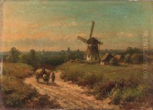 Harvesters On A Sandy Track By A Windmill by Lodewijk Johannes Kleijn