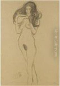 Stehender Madchenakt Nach Links, Die Haare Mit Den Handen Haltend by Gustav Klimt