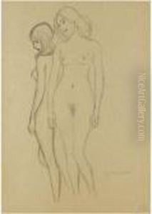 Zwei Madchenakte, Der Eine Von Vorne, Der Andere Nach Links by Gustav Klimt