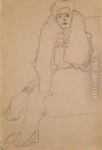 Sitzend Nach Links, Den Oberkorper Nach Vorne, Die Linkeaufgestutzt by Gustav Klimt