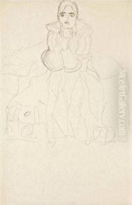 Sitzende Von Vorne, Mit Aufgestutztem Kinn (seated Woman Frontalview, Chin Resting) by Gustav Klimt
