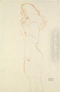 (standing Female Nude With Long Hair, Necklace, Her Left Hand On The Shoulder) by Gustav Klimt