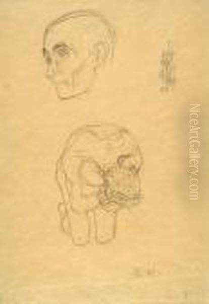 Head Study, Nude Male Figure Kneeling, And Ornamental Design - view 1