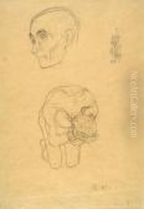 Head Study, Nude Male Figure Kneeling, And Ornamental Design by Gustav Klimt