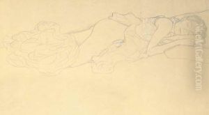 Auf Dem Bauch Liegender Halbakt Nach Rechts, Den Kopf Auf Den Oberarm Gelegt by Gustav Klimt