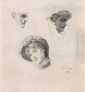 Three-quarter Length- And Profile Studies Of A Woman In A Hat