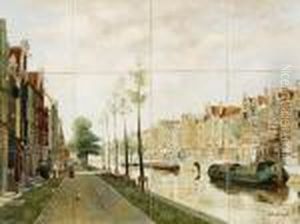 Decor Of A Dutch City View With Canal And Boats. by Johannes Christiaan Karel Klinkenberg