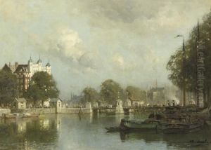 A View Of The Vierleeuwenbrug In Summer, Rotterdam by Johannes Christiaan Karel Klinkenberg