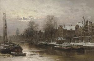 Sunset Over The Singel Canal In Winter, Amsterdam by Johannes Christiaan Karel Klinkenberg