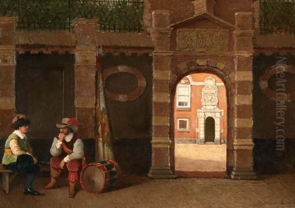 Twee Mannen Bij Het Hofje Van Dam Aan Dejuffrouw Idastraat Te 's-gravenhage - view 1