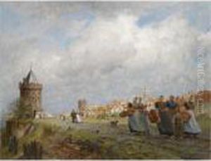 Arnemuiden Fisherwomen Returning From The Market In Vlissingen by Johannes Christiaan Karel Klinkenberg