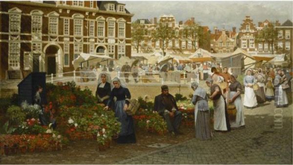 A View Of The Grote Markt In The
 Hague, Towards The Boterwaag And The Prinsengracht, With Scheveningen 
Women Buying Flowers - view 1