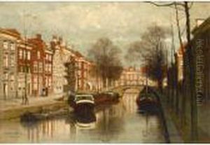 Figures By A Canal In A Dutch Town by Johannes Christiaan Karel Klinkenberg