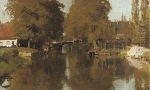 Farmhouses Along The Water by Johannes Christiaan Karel Klinkenberg