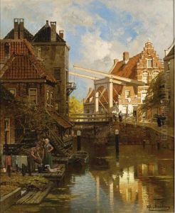 A View Of A Dutch Town With Figures Near A Draw Bridge by Johannes Christiaan Karel Klinkenberg