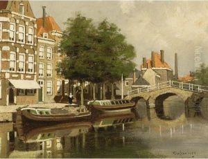 Moored Barges In A Dutch Town by Johannes Christiaan Karel Klinkenberg