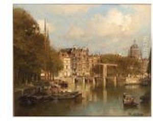 A Sunlit Canal In Amsterdam With The St. Nicolaas Kerk In Thedistance by Johannes Christiaan Karel Klinkenberg