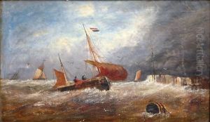 Dutch Fishing Boats In Choppy Seas Off Coast by William Calcott Knell