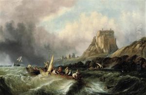 Fishermen Hauling In Their Catch In A Heavy Swell Below Lindisfarnecastle, Holy Island