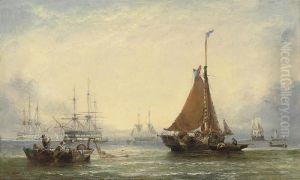 Fishermen Drying Their Sails At
The End Of The Day, Royal Navy Two-deckers Anchored Beyond by William Calcott Knell