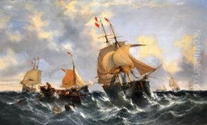 A Twin-masted Brig And Merchant Ships In A Heavy Swell by William Calcott Knell