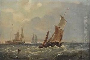 Fishing Boats And Other Vessels In A Swell, Signed, Oil On Canvas by William Calcott Knell