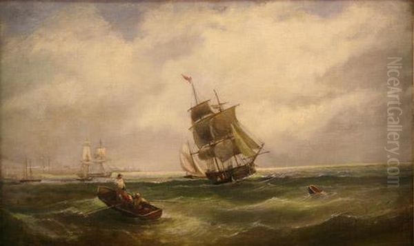 Figures In A Rowing Boat And Sailing Vessels Near A Harbour - view 1