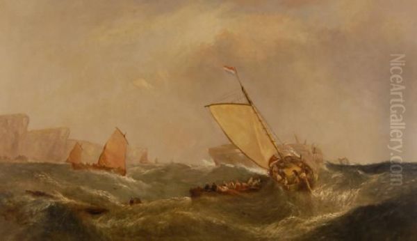 Oil On Canvas,fishing Vessels 
Rescuing Sailors From A Ship Wreck Off The Coast,signed With Inscription
 Verso. "a Wreck Off The Caskets", 1875, 29"x 49" - view 1
