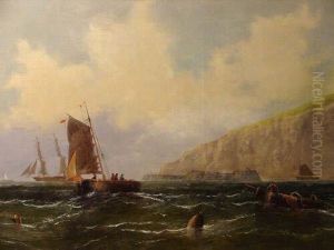 Coastal View With Fishermen & Boats by William Calcott Knell