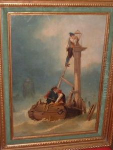 Figures In Aboat Attaching A Lantern To A Buoy
