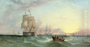 Fishing Boats Off A Dutch Coast; And The Fleet At Anchor Off Aharbor