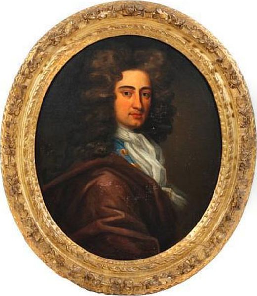 A Portrait Of A Gentleman, Bust
Length,wearing Plum Coloured Cloak, Blue Jacket And White
Neckerchief,with Flowing Wig - view 1