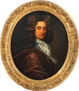 A Portrait Of A Gentleman, Bust 
Length,wearing Plum Coloured Cloak, Blue Jacket And White 
Neckerchief,with Flowing Wig