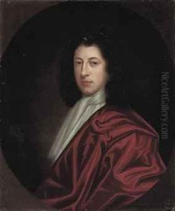 Portrait Of A Gentleman, 
Half-length, In A Red Coat And White Silkscarf, In A Feigned Oval