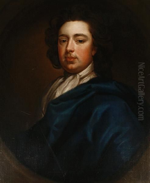 Portrait Of A Gentleman,
Half-length, In Ablue Mantle And A White Jabot, Within A Painted Oval - view 1
