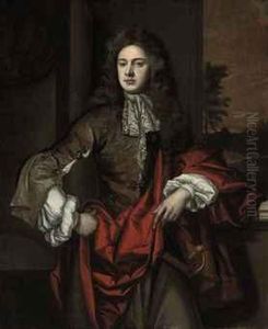 Portrait Of A Gentleman, 
Three-quarter-length, In A Jewel-encrusted Grey Coat With Lace Cravat 
And A Red Sash, In A Landscape