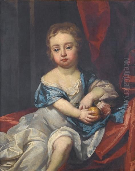 Portrait Of A Young 
Child,three-quarter-length, Holding A Rose And A Lemon, Seated Before 
Ared Curtain - view 1