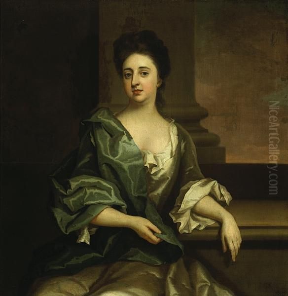A Portrait Of A Lady, 
Three-quarter Length,seated, Wearing A White Satin Dress With A Green 
Wrap And Leaningon A Balustrade - view 1