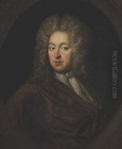 Portrait Of A Gentleman, Half Length, Wearing A Wig And Red Wrap, In A Painted Oval