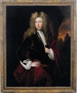 Portrait Of A Nobleman, Standing
 Three-quarter Length, Wearing A Green Coat With Red Shawl