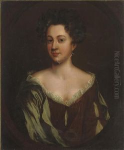 Portrait Of A Lady, Bust-length, In A Rust Dress And Blue Wrap, In A Feigned Oval