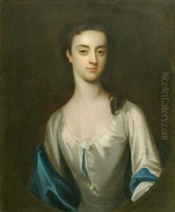 Portrait Of A Lady In A Blue And White Satin Gown