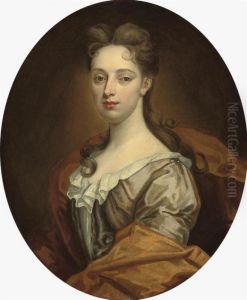 Portrait Of A Lady, Bust-length, In A Blue Dress And Ochrewrap