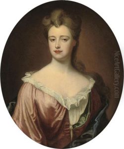 Portrait Of A Lady, Bust-length, In A Red Dress And Blue Wrap