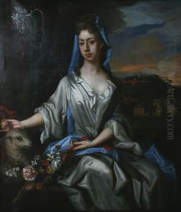 Portrait Of Catherine, First Duchess Ofrutland, Seated With A Lamb Before A Landscape