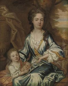 Portrait Of A Mother And Child, 
Three-quarter-length, The Former Ina Blue Dress, Grapes In Her Left 
Hand; The Latter With A Pink Wrap,holding Peaches, By An Urn, A 
Landscape Beyond