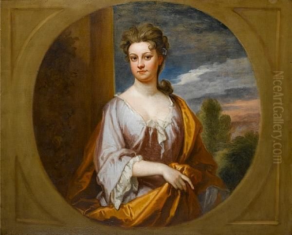 Portrait Of A Lady, Said To Be 
Ann Archer,three-quarter Length, In A Violet Dress With A Brown Wrap, A 
Viewto A Landscape Beyond, Within A Painted Stone Cartouche - view 1